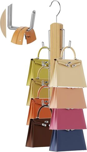NiHome Wooden Purse Organizer for Closet, 8 Extra-Wide Metal Hooks Handbag Hanger, Space-Saving Hanging Bag Holder & Purse Rack for Closet Organization (Natural, 2 Pack) in Saudi Arabia