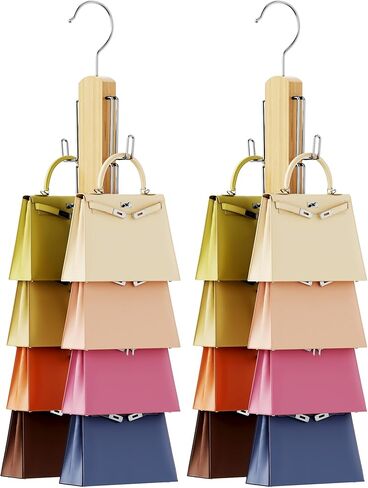 NiHome Wooden Purse Organizer for Closet, 8 Extra-Wide Metal Hooks Handbag Hanger, Space-Saving Hanging Bag Holder & Purse Rack for Closet Organization (Natural, 2 Pack) in Saudi Arabia