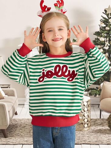 Girl Christmas Sweatshirt Striped Oversized Sweater Jolly Patch Xmas Long Sleeve Pullover Top for 5-14Y in Saudi Arabia