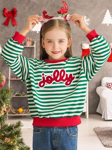 Girl Christmas Sweatshirt Striped Oversized Sweater Jolly Patch Xmas Long Sleeve Pullover Top for 5-14Y in Saudi Arabia