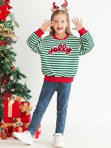 Girl Christmas Sweatshirt Striped Oversized Sweater Jolly Patch Xmas Long Sleeve Pullover Top for 5-14Y in Saudi Arabia