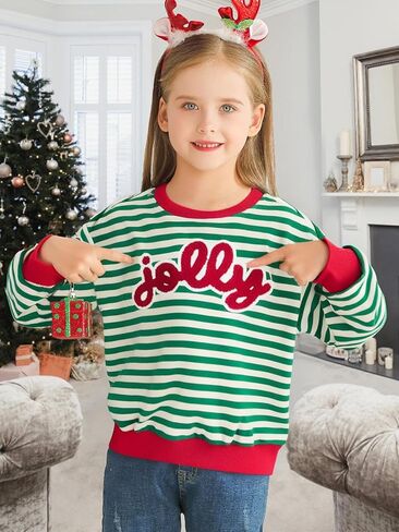 Girl Christmas Sweatshirt Striped Oversized Sweater Jolly Patch Xmas Long Sleeve Pullover Top for 5-14Y in Saudi Arabia
