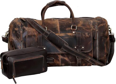 24 Inch Genuine Leather Duffel | Travel Overnight Weekend Leather Bag | Sports Gym Duffel for Men With Leather Toiletry Combo in Kuwait