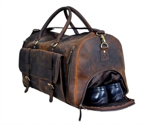 24 Inch Genuine Leather Duffel | Travel Overnight Weekend Leather Bag | Sports Gym Duffel for Men With Leather Toiletry Combo in Kuwait