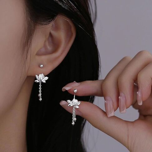 A Pair Retro Silver Earrings Cute And Sweet Screw Design Lotus Pattern Tassel Fashionable Simple And Versatile Ins Style Earrings in Saudi Arabia