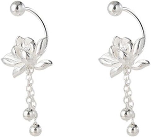 A Pair Retro Silver Earrings Cute And Sweet Screw Design Lotus Pattern Tassel Fashionable Simple And Versatile Ins Style Earrings in Saudi Arabia