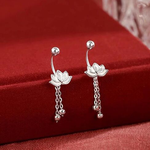 A Pair Retro Silver Earrings Cute And Sweet Screw Design Lotus Pattern Tassel Fashionable Simple And Versatile Ins Style Earrings in Saudi Arabia