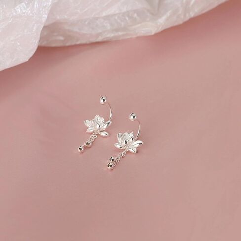 A Pair Retro Silver Earrings Cute And Sweet Screw Design Lotus Pattern Tassel Fashionable Simple And Versatile Ins Style Earrings in Saudi Arabia