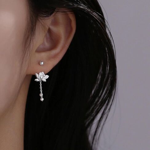 A Pair Retro Silver Earrings Cute And Sweet Screw Design Lotus Pattern Tassel Fashionable Simple And Versatile Ins Style Earrings in Saudi Arabia