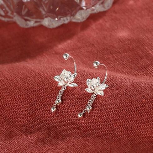 A Pair Retro Silver Earrings Cute And Sweet Screw Design Lotus Pattern Tassel Fashionable Simple And Versatile Ins Style Earrings in Saudi Arabia