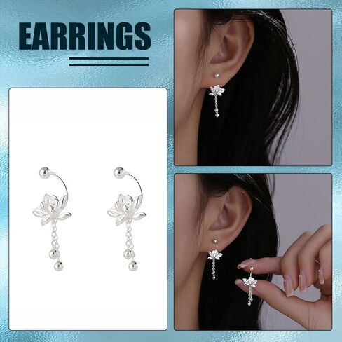 A Pair Retro Silver Earrings Cute And Sweet Screw Design Lotus Pattern Tassel Fashionable Simple And Versatile Ins Style Earrings in Saudi Arabia