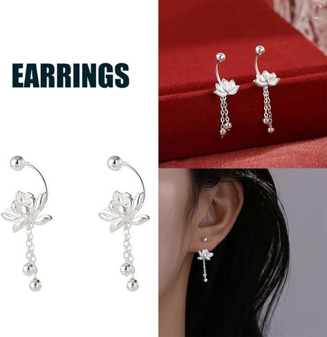 A Pair Retro Silver Earrings Cute And Sweet Screw Design Lotus Pattern Tassel Fashionable Simple And Versatile Ins Style Earrings in Saudi Arabia