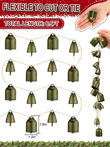 16 Pcs Vintage Christmas Bells Decorations - 6.5ft Bronze Cow Christmas Bell Garland Ornaments for Xmas Tree/Front Door/Fireplace/Stair Railing/Wall Decor in Saudi Arabia