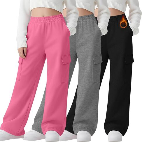 3 Pack Girls Thermal Fleece Cargo Sweatpants 5-14y 4 Pockets Kid Warm Wide Leg High Waist Baggy Casual Pants Jogger in Saudi Arabia