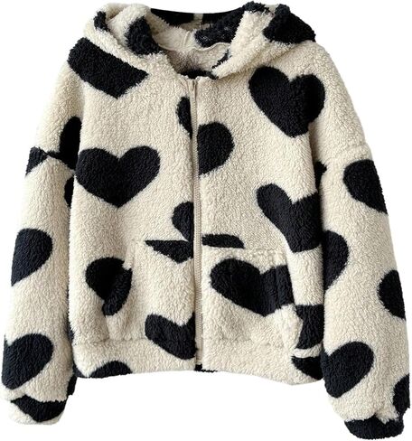Girl's Fuzzy Fleece Jacket Heart Graphic Long Sleeve Zip Up Warm Hooded Winter Teddy Coat Outerwear with Pockets in Saudi Arabia