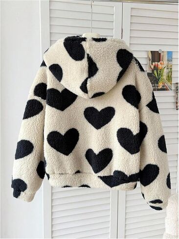 Girl's Fuzzy Fleece Jacket Heart Graphic Long Sleeve Zip Up Warm Hooded Winter Teddy Coat Outerwear with Pockets in Saudi Arabia
