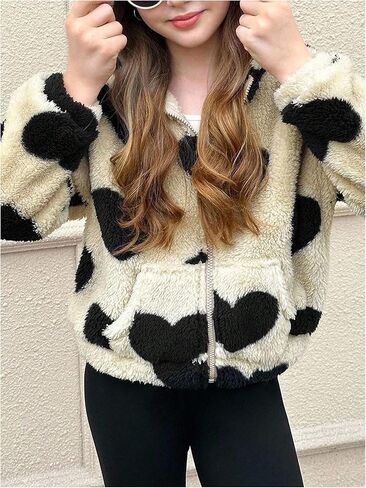 Girl's Fuzzy Fleece Jacket Heart Graphic Long Sleeve Zip Up Warm Hooded Winter Teddy Coat Outerwear with Pockets in Saudi Arabia