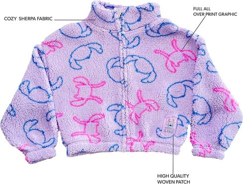 Disney Lilo & Stitch Girls Sherpa Fleece Jacket – Zip-Up Mock Neck Kids Outerwear, Official Licensed (Sizes 4–10) in Saudi Arabia
