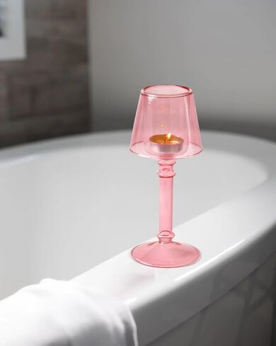 Pink Glass Hurricane Candleholder - Desk Lamp Shaped Glass Hurricane Candle Holder Crystal Decorative Candle Stand for Table Wedding Dinning Centerpieces Party Supplies Festival Decor in Saudi Arabia