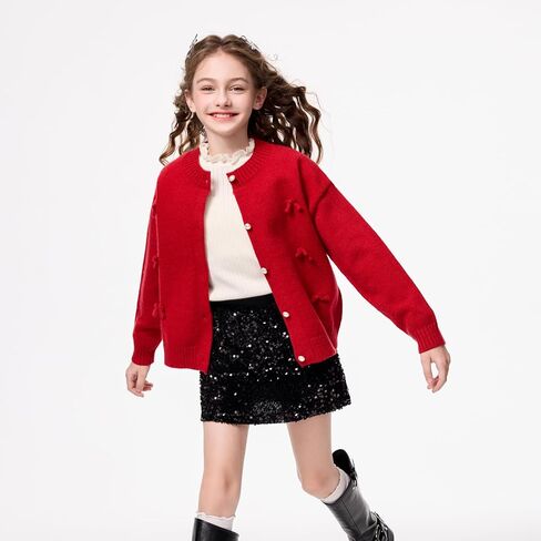Girls Christmas Cardigan Long Sleeve Button Up Sweater Cute Bow Knitted Crop Outwear 5-14 Years in Saudi Arabia