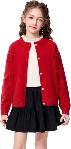 Girls Christmas Cardigan Long Sleeve Button Up Sweater Cute Bow Knitted Crop Outwear 5-14 Years in Saudi Arabia