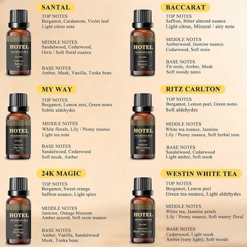 Hotel Diffuser Oil Set - Inspired by My Way, Baccarat, Westin White Tea, Santal, 24k Magic, Ritz-Carlton Hotel Scent Essential Oil Set Large Capacity, 20ml - (Pack of 6) in Saudi Arabia