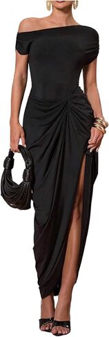 Floerns Women's Elegant Long Dress Asymmetrical Off Shoulder Ruched Slit Bodycon Cocktail Dresses in Saudi Arabia