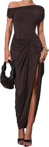 Floerns Women's Elegant Long Dress Asymmetrical Off Shoulder Ruched Slit Bodycon Cocktail Dresses in Saudi Arabia