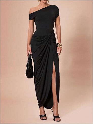 Floerns Women's Elegant Long Dress Asymmetrical Off Shoulder Ruched Slit Bodycon Cocktail Dresses in Saudi Arabia