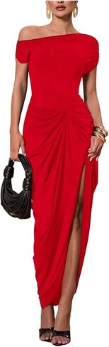 Floerns Women's Elegant Long Dress Asymmetrical Off Shoulder Ruched Slit Bodycon Cocktail Dresses in Saudi Arabia