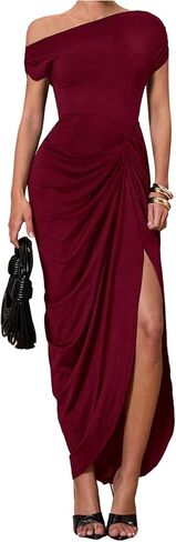 Floerns Women's Elegant Long Dress Asymmetrical Off Shoulder Ruched Slit Bodycon Cocktail Dresses in Saudi Arabia