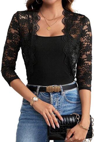 Urchics Womens Open Front Lace Shrug Top 3/4 Sleeve Cropped Cardigan Elegant Jacket Bolero Shrugs in Saudi Arabia