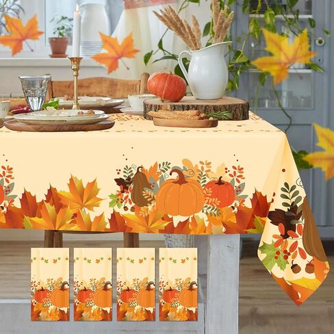 4 Pack Thanksgiving Fall Tablecloths, Pumpkin Maple Leaves Table Cloth Disposable Plastic Autumn Harvest Thanksgiving Table Cover Kitchen Table Decorations for Dinner Holiday Party, 54 x 108 Inch in Saudi Arabia