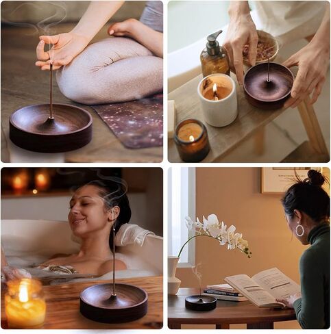 Incense Holder,Black Walnut Hand - Crafted Round Burner for Sticks with Ash Catcher,Perfect for Relaxation at Home, Yoga,Spa & as a Gift in Saudi Arabia
