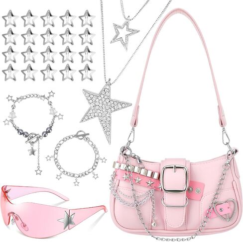 Y2k Accessories Set Included Star Y2k Silver Necklace Y2K Star Shoulder Bag Sunglasses Star Hair Clip Y2k Silver Vintage Jewelry Set in Saudi Arabia