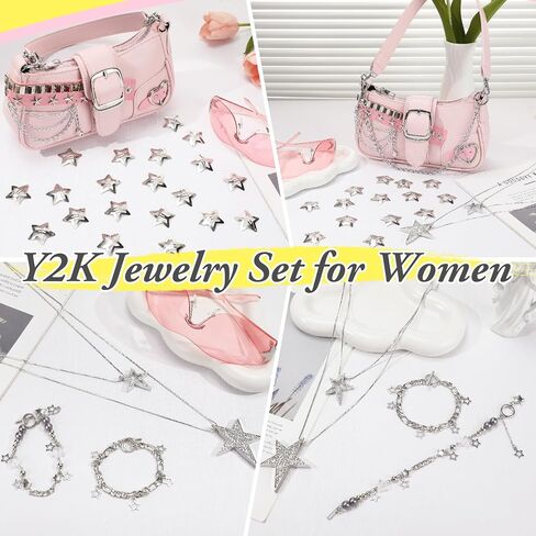 Y2k Accessories Set Included Star Y2k Silver Necklace Y2K Star Shoulder Bag Sunglasses Star Hair Clip Y2k Silver Vintage Jewelry Set in Saudi Arabia