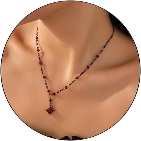 Gothic Y Necklace,Goth Black Red Crystal Bead Teardrop Necklace,Punk Y Necklace,Halloween Christmas New Year Jewelry Vampire Accessories for Women in Saudi Arabia