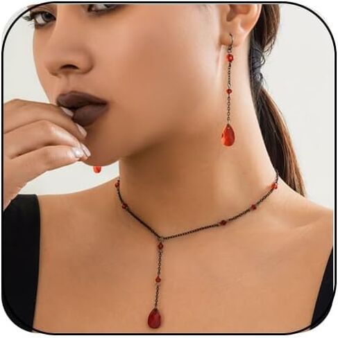 Gothic Y Necklace,Goth Black Red Crystal Bead Teardrop Necklace,Punk Y Necklace,Halloween Christmas New Year Jewelry Vampire Accessories for Women in Saudi Arabia