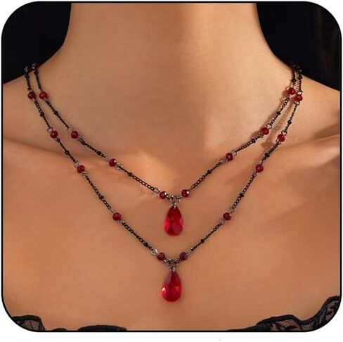 Gothic Y Necklace,Goth Black Red Crystal Bead Teardrop Necklace,Punk Y Necklace,Halloween Christmas New Year Jewelry Vampire Accessories for Women in Saudi Arabia