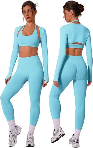 3 Piece Workout Sets for Women Seamless Halter Sports Bra High Waist Leggings Long Sleeve Shrug Gym Yoga Outfits in Saudi Arabia