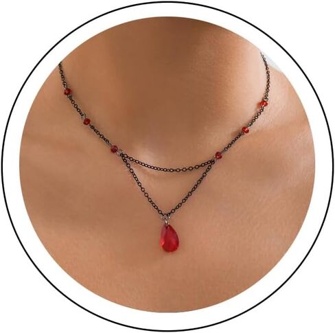 Gothic Y Necklace,Goth Black Red Crystal Bead Teardrop Necklace,Punk Y Necklace,Halloween Christmas New Year Jewelry Vampire Accessories for Women in Saudi Arabia