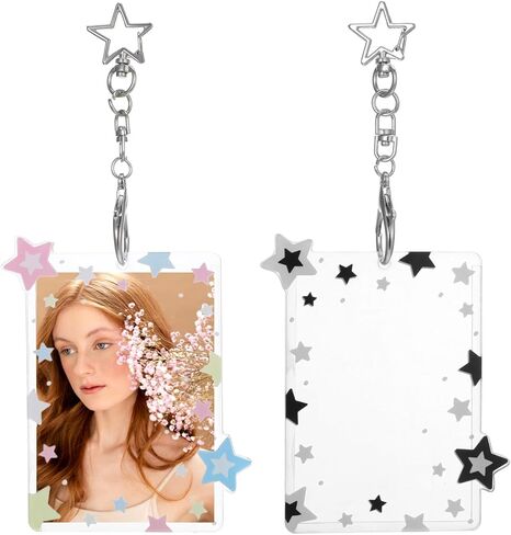 2Pcs Star Photocard Holder Keychain 3.9 Inch Star Wave Photo Card Holder Keychain Acrylic Cute Photocard Holders Keychains with Pendant for Idol Card Photo Album Transparent Creative in Saudi Arabia