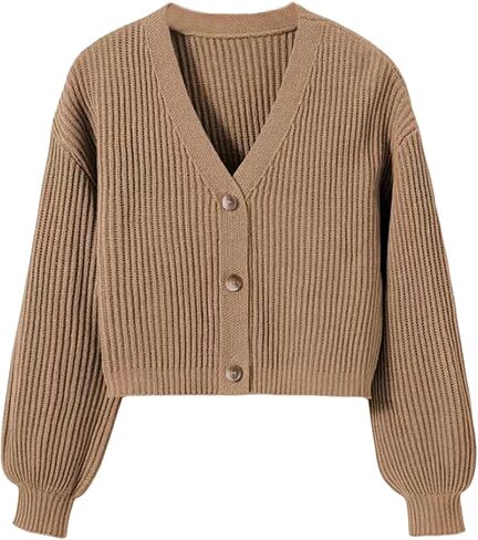 Floerns Girl's Button Up Cardigan Sweater V Neck Long Sleeve Loose Crop Sweaters in Saudi Arabia