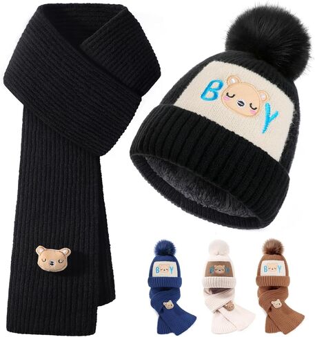 2Pcs Kids Winter Hat Scarf Set, Warm Fleece Lining Girls Winter Hats with Pom, Knit Scarf for 3-12 Years Boys Girls in Saudi Arabia