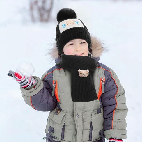 2Pcs Kids Winter Hat Scarf Set, Warm Fleece Lining Girls Winter Hats with Pom, Knit Scarf for 3-12 Years Boys Girls in Saudi Arabia