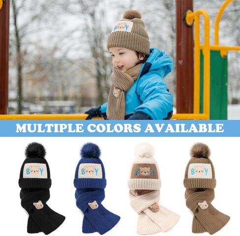 2Pcs Kids Winter Hat Scarf Set, Warm Fleece Lining Girls Winter Hats with Pom, Knit Scarf for 3-12 Years Boys Girls in Saudi Arabia