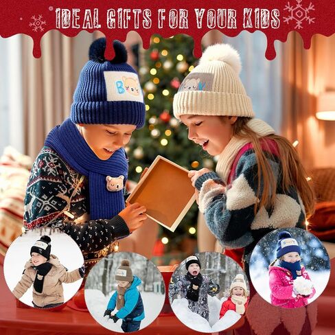 2Pcs Kids Winter Hat Scarf Set, Warm Fleece Lining Girls Winter Hats with Pom, Knit Scarf for 3-12 Years Boys Girls in Saudi Arabia