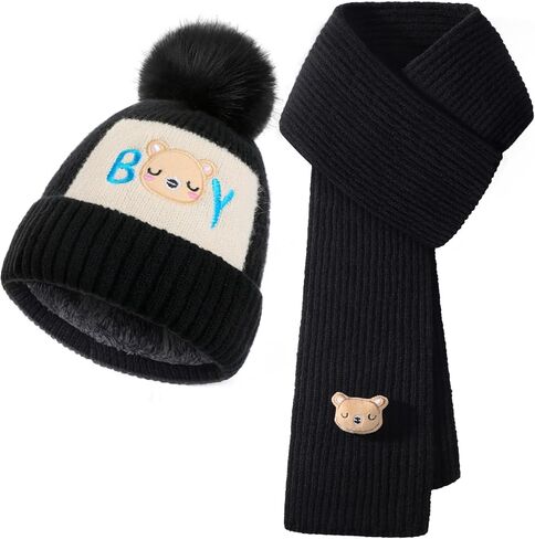 2Pcs Kids Winter Hat Scarf Set, Warm Fleece Lining Girls Winter Hats with Pom, Knit Scarf for 3-12 Years Boys Girls in Kuwait
