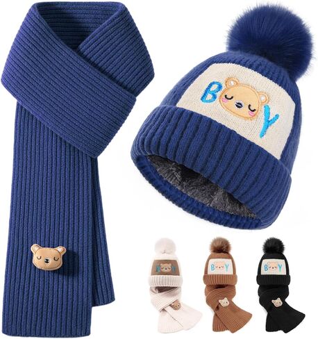 2Pcs Kids Winter Hat Scarf Set, Warm Fleece Lining Girls Winter Hats with Pom, Knit Scarf for 3-12 Years Boys Girls in Saudi Arabia