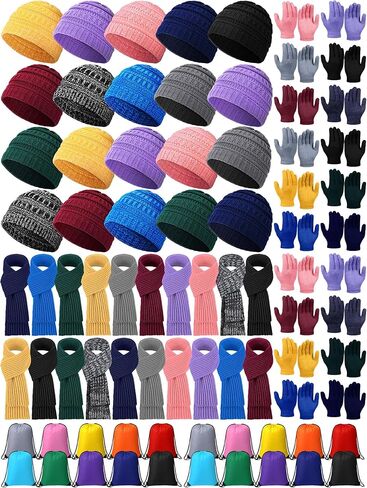 80 Pcs Kids Winter Hat Gloves Scarf Set with Colorful Drawstring Bag, Knit Toddler Beanie Cap, Warm Gloves, Neck Warmer for 5-10 Years Old Girls and Boys Children in Saudi Arabia